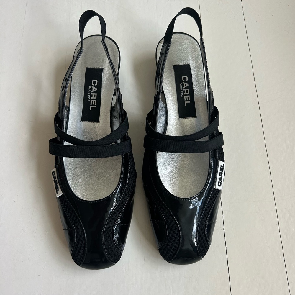 Carel Paris Black Patent Leather and Mesh Slingback Flats 1” Block Heel